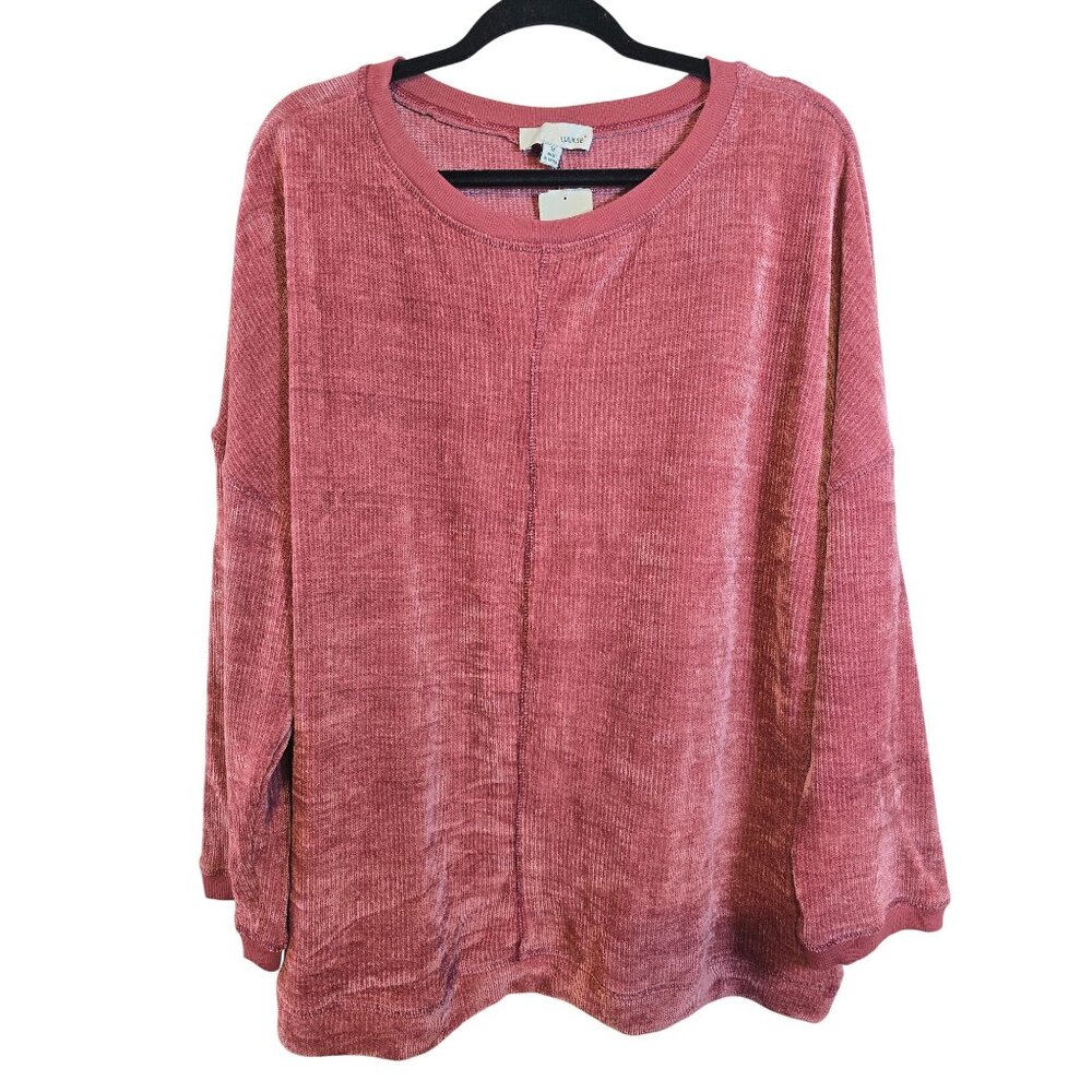 Lukse Womens Dusty‎ Rose Ribbed Texture Long-Sleeve top Velour size 1X New